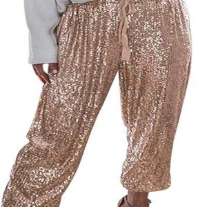 ALLUMK Womens Black Sequin Bling Legging Joggers Pencil Pants with Drawstring